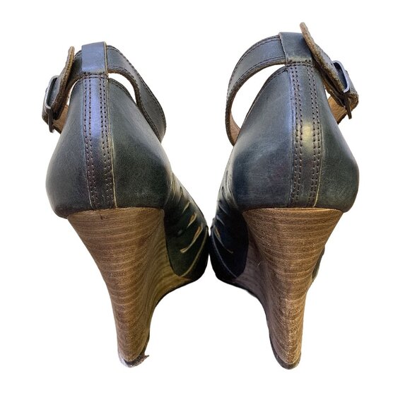 Frye Gwen Ankle Strap Black Leather Wedge Sandals 9.5 - Picture 5 of 11